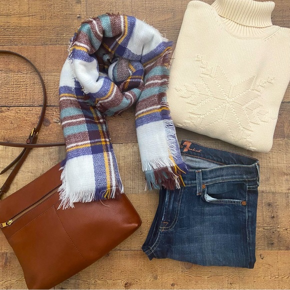 Soft Plaid Scarf in White, Blues, Teal, Burgundy - Picture 4 of 11